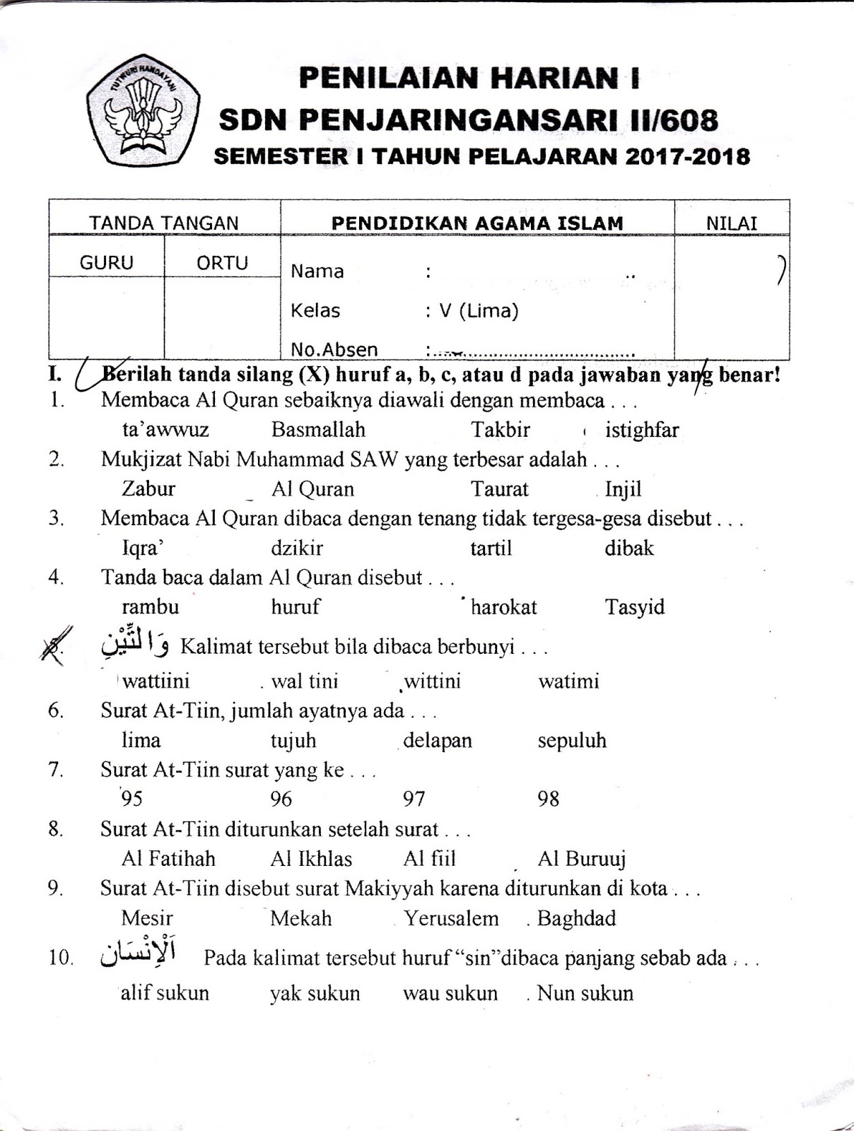 Penilaian Harian Pendidikan Agama Islam SD Kelas 5 TA.2017/2018