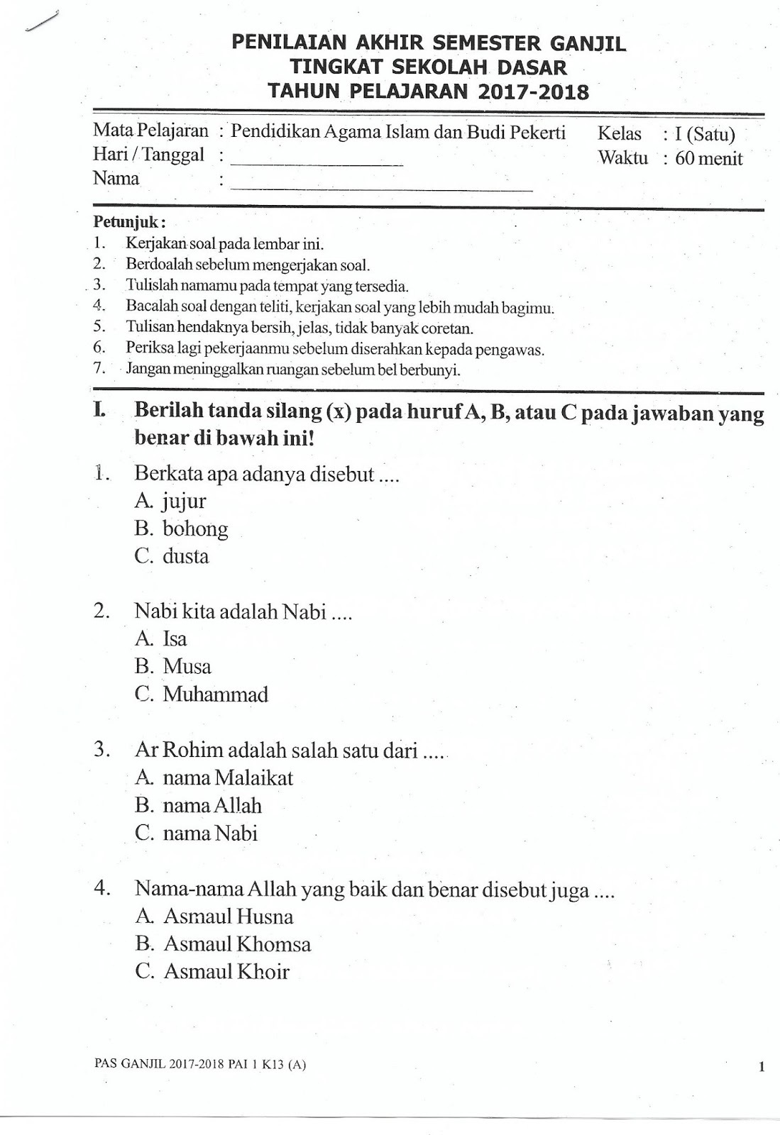 Soal Ukk Agama Islam Kelas 1 Sd Semester 2