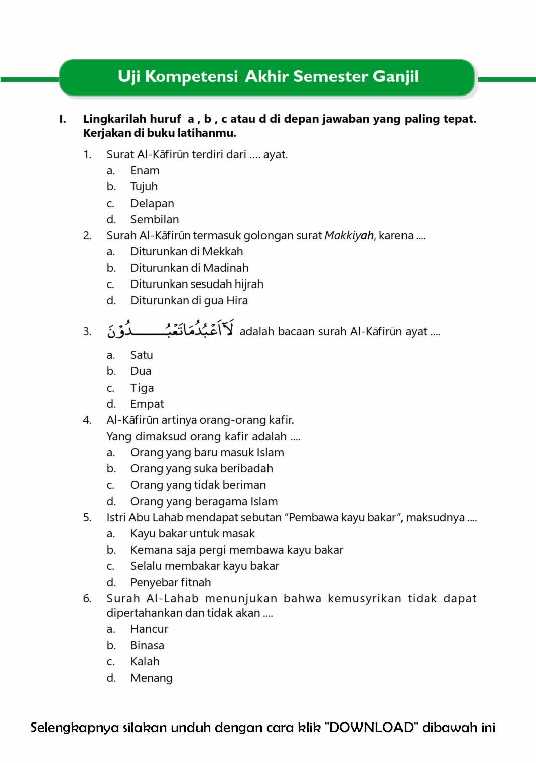 Download Soal UAS Ganjil Pendidikan Agama Islam Kelas 5 Semester 1