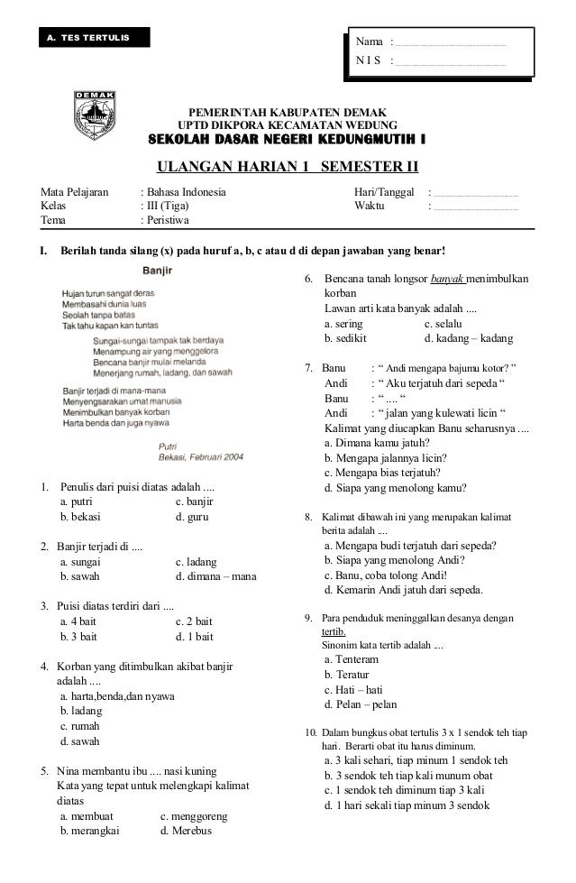 Soal Bahasa Indonesia Kelas 3 Sd Semester 1 Ktsp