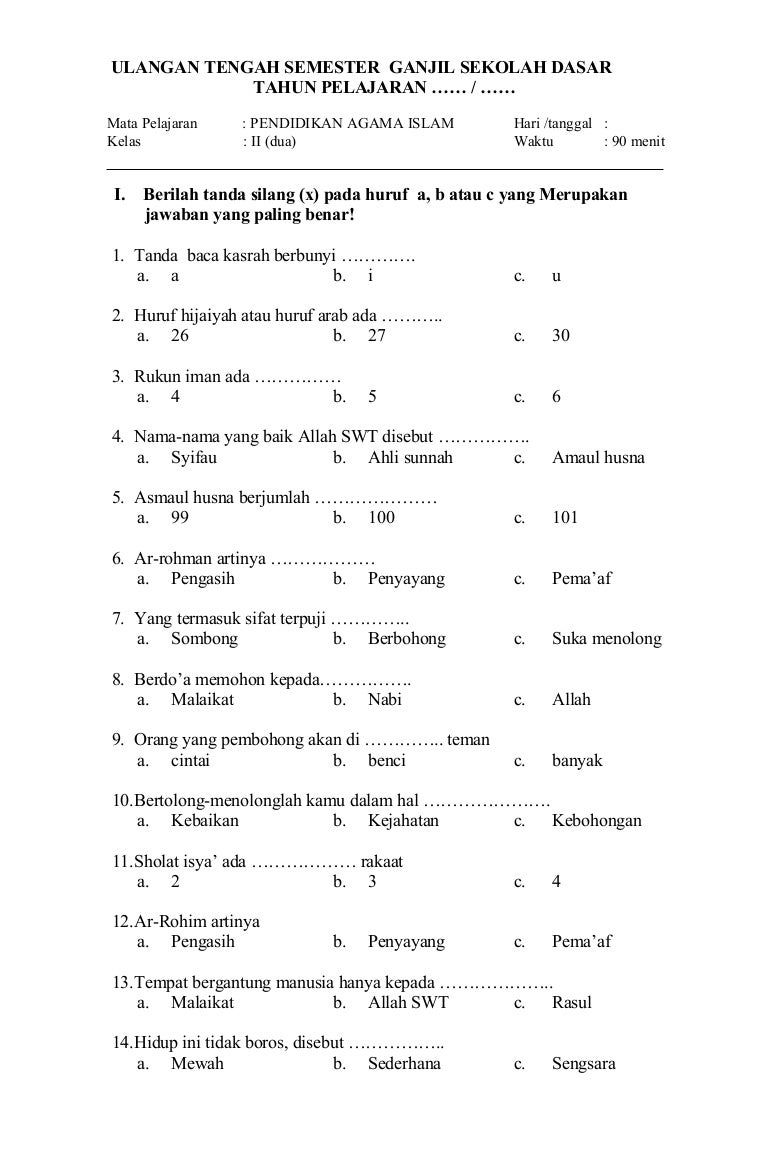 Contoh Soal Agama Kelas 2 - Reverasite