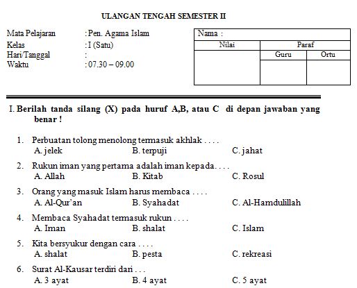 Kumpulan Soal UTS SD/MI Kelas 1 Semester 2 Mata Pelajaran Pendidikan