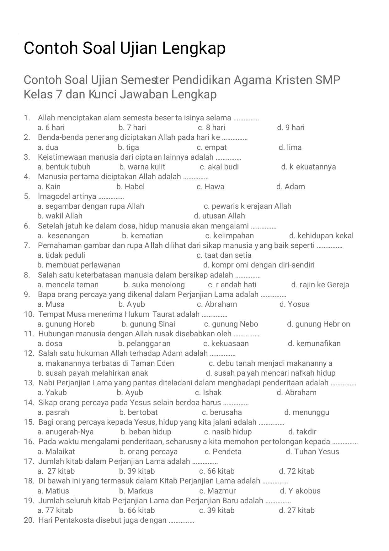 Contoh Soal Agama Kristen Kelas 11 Beserta Jawabannya – Berbagai Contoh