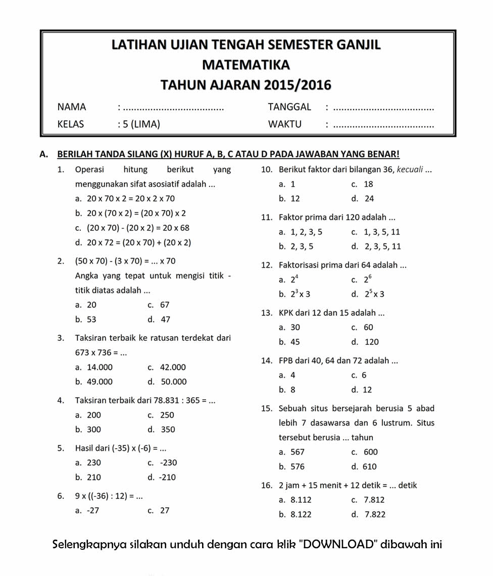 Soal Uts Matematika Kelas Sd Semester Dan Jawabannya Kelas | My XXX Hot