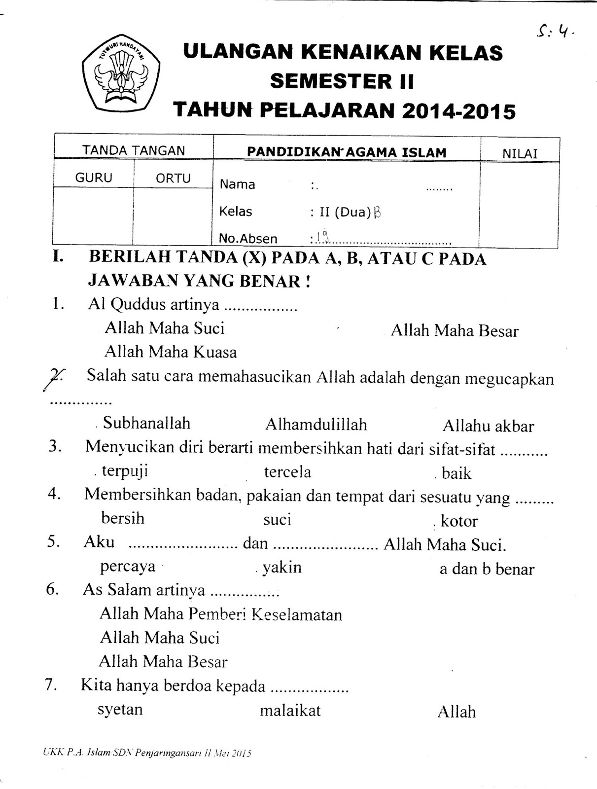 Kumpulan soal Agama islam Sd Kelas 1 Semester 2