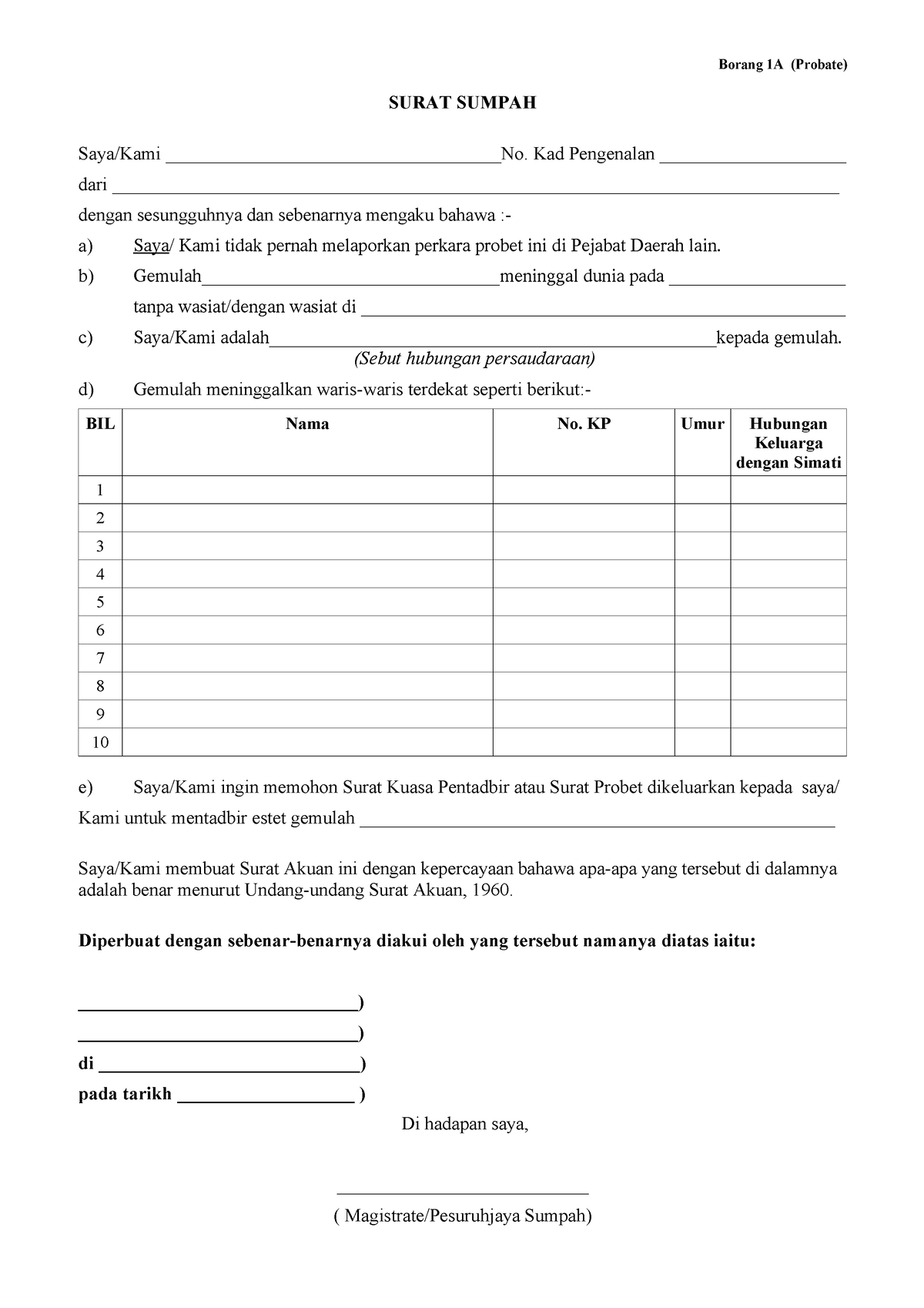 Surat sumpah - form - Borang 1A (Probate) SURAT SUMPAH Saya/Kami - Studocu