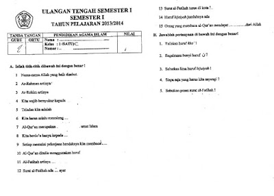 Soal UTS Agama Islam Kelas 1 Semester 1 Ganjil Dan Kunci Jawaban KTSP Tahun 2017